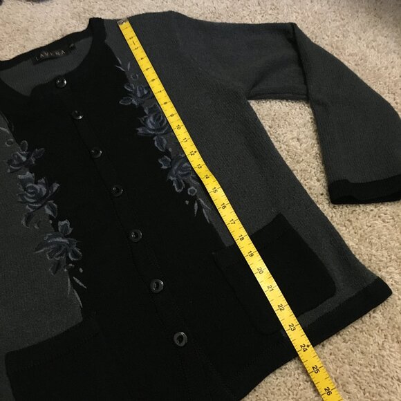 Lavena Black and Grey Embroidered Nubby Button Down Dark Cottage Cardigan - Picture 14 of 15